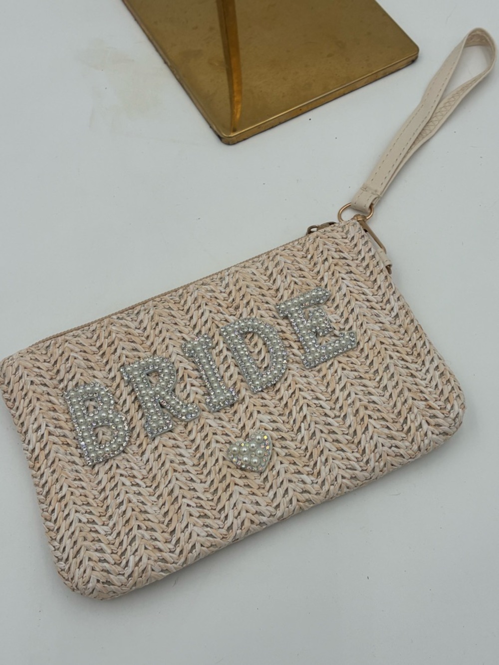 Cream Woven Wristlet Clutch with Crystal 'BRIDE' Accent